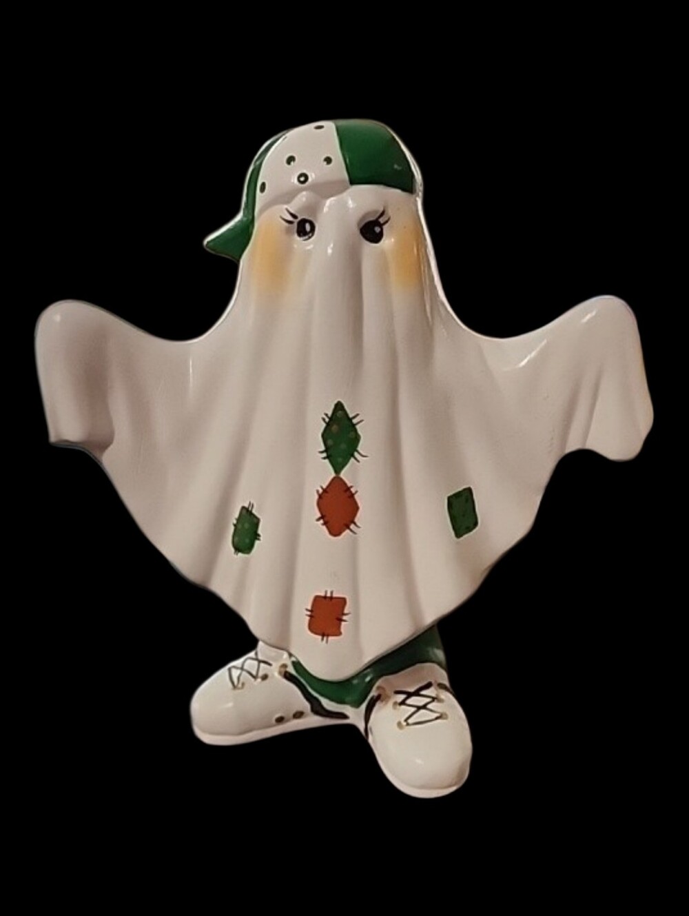 Vintage Ceramic Patchwork Halloween Ghost Wobbler Figurine Spring-Leg Bobbler